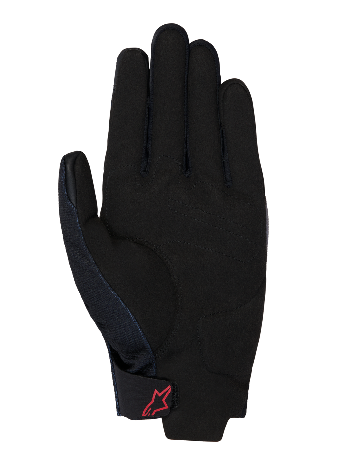 Honda Reef V2-handschoenen, zicht op de handpalm, zwart synthetisch suède met gewatteerde versteviging, rood Alpinestars-logo op de klittenband polssluiting, ontwerp met korte manchet voor motorrijden
