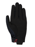 Honda Reef V2-handschoenen, zicht op de handpalm, zwart synthetisch suède met gewatteerde versteviging, rood Alpinestars-logo op de klittenband polssluiting, ontwerp met korte manchet voor motorrijden
