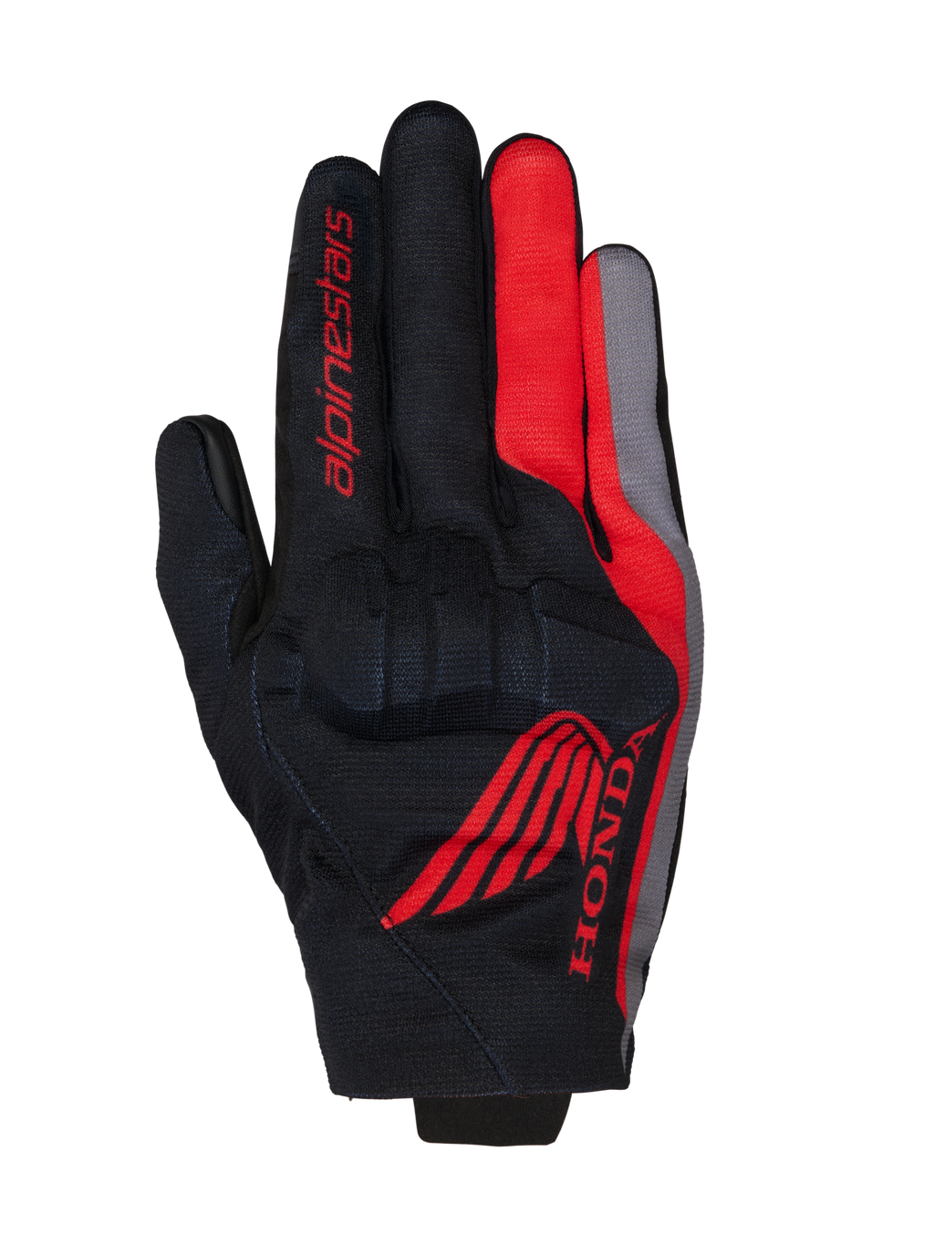Alpinestars Honda Reef V2 motorhandschoenen, zwart met felrode en donkergrijze accenten, voorzien van rood Honda-vleugellogo en Alpinestars-branding, ademende textielconstructie met geïntegreerde knokkelbescherming, ontwerp met korte manchet