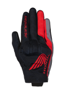 Alpinestars Honda Reef V2 motorhandschoenen, zwart met felrode en donkergrijze accenten, voorzien van rood Honda-vleugellogo en Alpinestars-branding, ademende textielconstructie met geïntegreerde knokkelbescherming, ontwerp met korte manchet