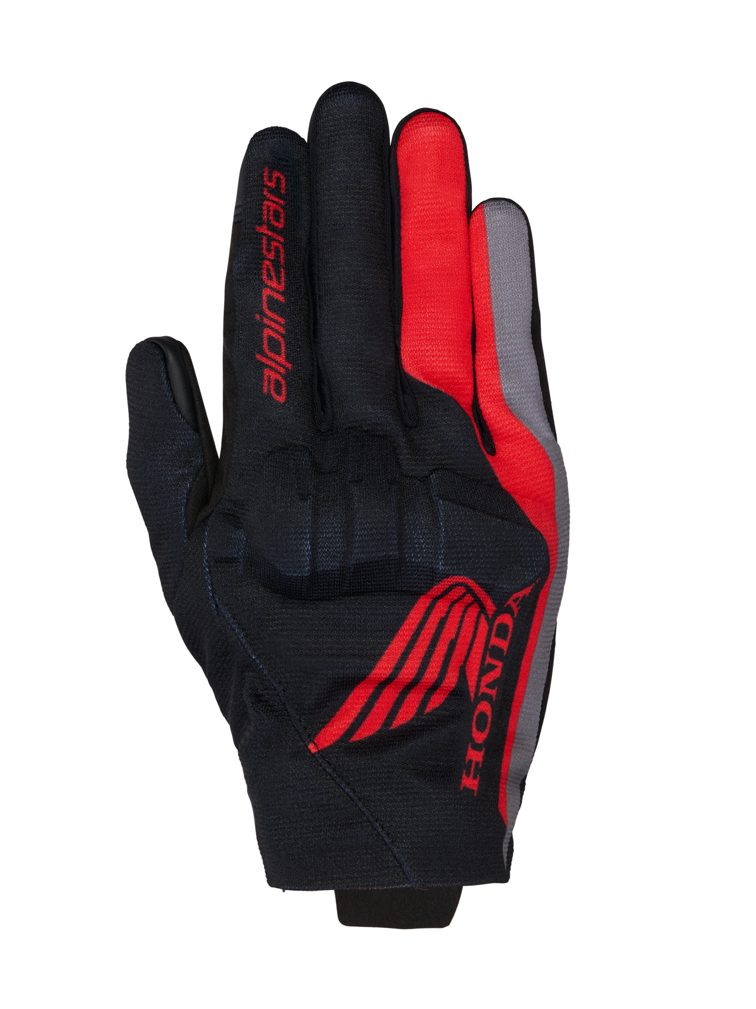 Alpinestars Honda Reef V2 motorhandschoenen, zwart met felrode en donkergrijze accenten, voorzien van rood Honda-vleugellogo en Alpinestars-branding, ademende textielconstructie met geïntegreerde knokkelbescherming, ontwerp met korte manchet