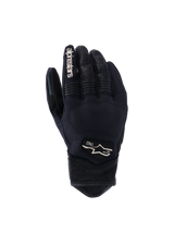 Alpinestars Tracker Gloves, Motorcycle Gloves, Black, backhand view showing stretch textile construction, perforated leather details on fingers and wrist, white branding on index finger, Alpinestars logo with 1963 on the back, padded knuckle area, short cuff urban design