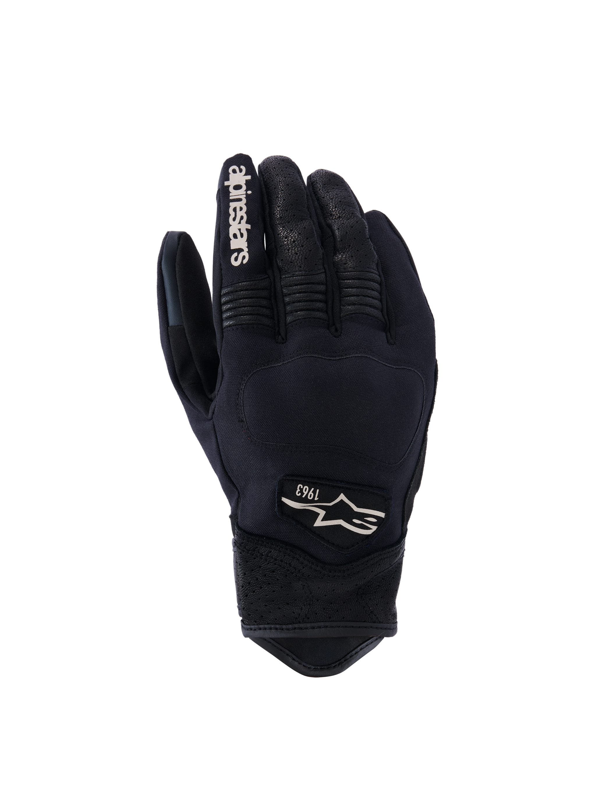 Alpinestars Tracker Gloves, Motorcycle Gloves, Black, backhand view showing stretch textile construction, perforated leather details on fingers and wrist, white branding on index finger, Alpinestars logo with 1963 on the back, padded knuckle area, short cuff urban design