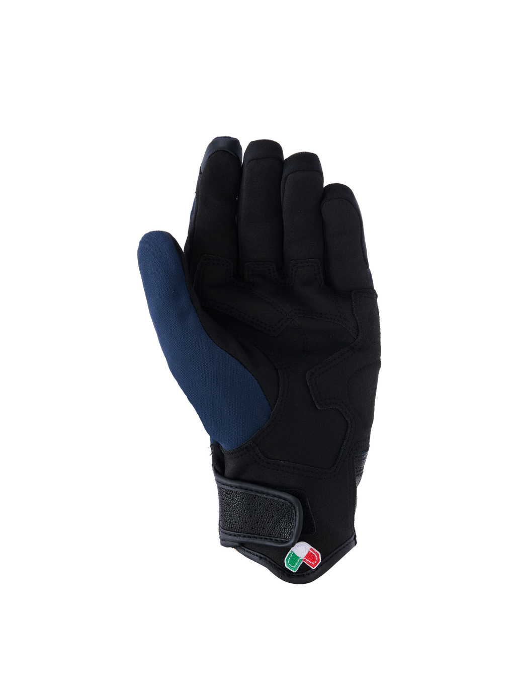 Alpinestars Tracker-handschoenen, binnenzijde, donkerblauw en zwart, voorzien van een verstevigde handpalm van synthetisch suède, korte manchet met klittenbandsluiting en klein driekleurig logo-detail, urban motoruitrusting