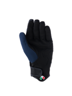 Alpinestars Tracker-handschoenen, binnenzijde, donkerblauw en zwart, voorzien van een verstevigde handpalm van synthetisch suède, korte manchet met klittenbandsluiting en klein driekleurig logo-detail, urban motoruitrusting