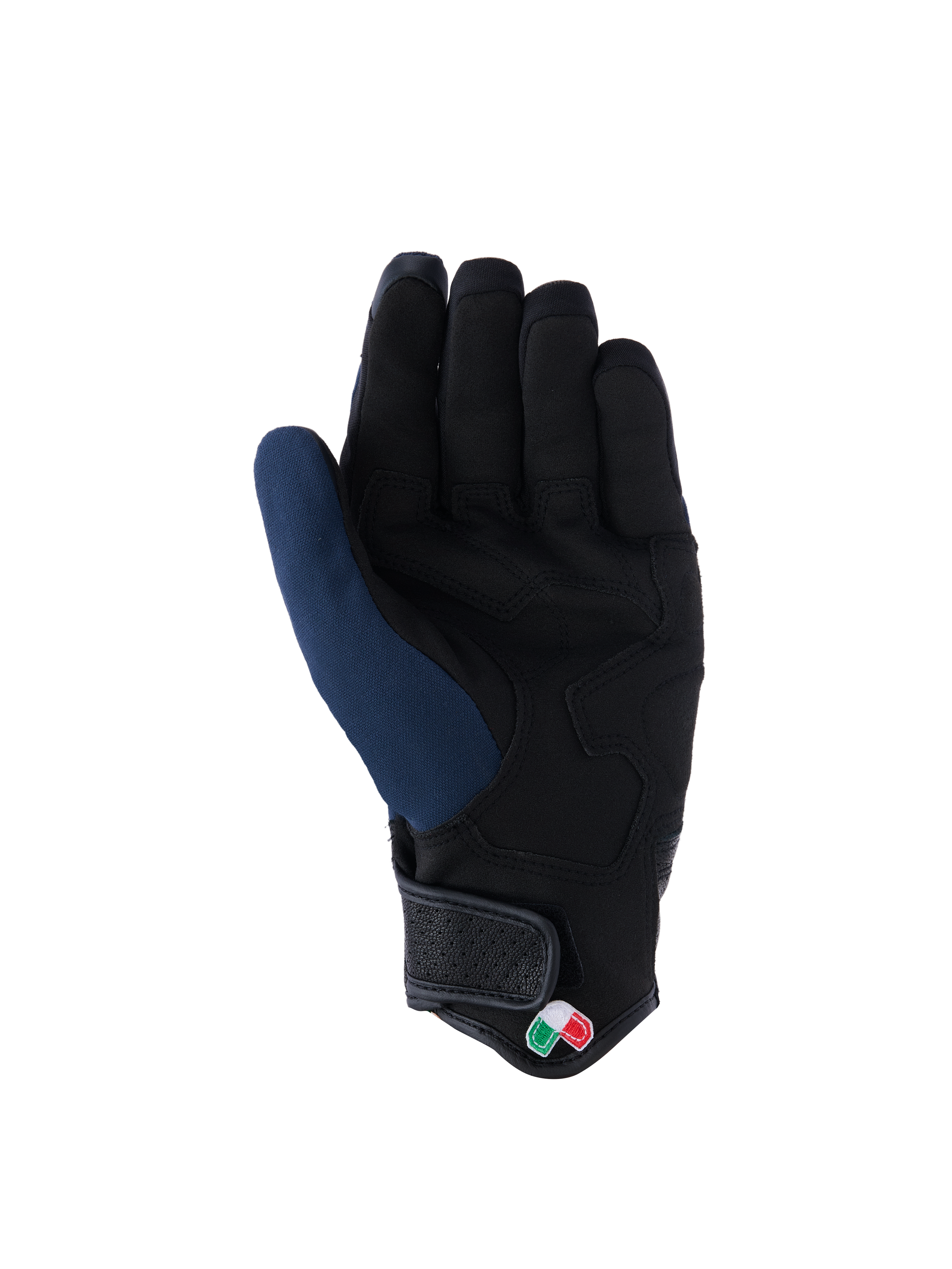 Alpinestars Tracker-handschoenen, binnenzijde, donkerblauw en zwart, voorzien van een verstevigde handpalm van synthetisch suède, korte manchet met klittenbandsluiting en klein driekleurig logo-detail, urban motoruitrusting