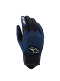 Alpinestars Tracker handschoenen, Urban motorhandschoenen, donkerblauw en zwart, textiel handrug met geperforeerde leren vingers en manchet, stretch accordeon inzetstukken, heritage 1963 logo patch, op werkkleding geïnspireerde stijl