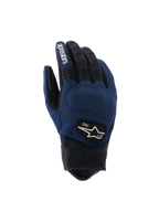 Alpinestars Tracker handschoenen, Urban motorhandschoenen, donkerblauw en zwart, textiel handrug met geperforeerde leren vingers en manchet, stretch accordeon inzetstukken, heritage 1963 logo patch, op werkkleding geïnspireerde stijl