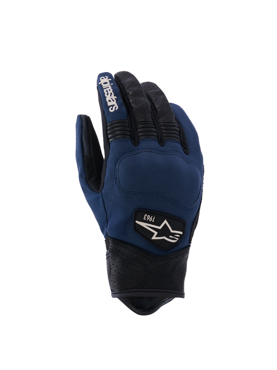 Alpinestars Tracker handschoenen, Urban motorhandschoenen, donkerblauw en zwart, textiel handrug met geperforeerde leren vingers en manchet, stretch accordeon inzetstukken, heritage 1963 logo patch, op werkkleding geïnspireerde stijl