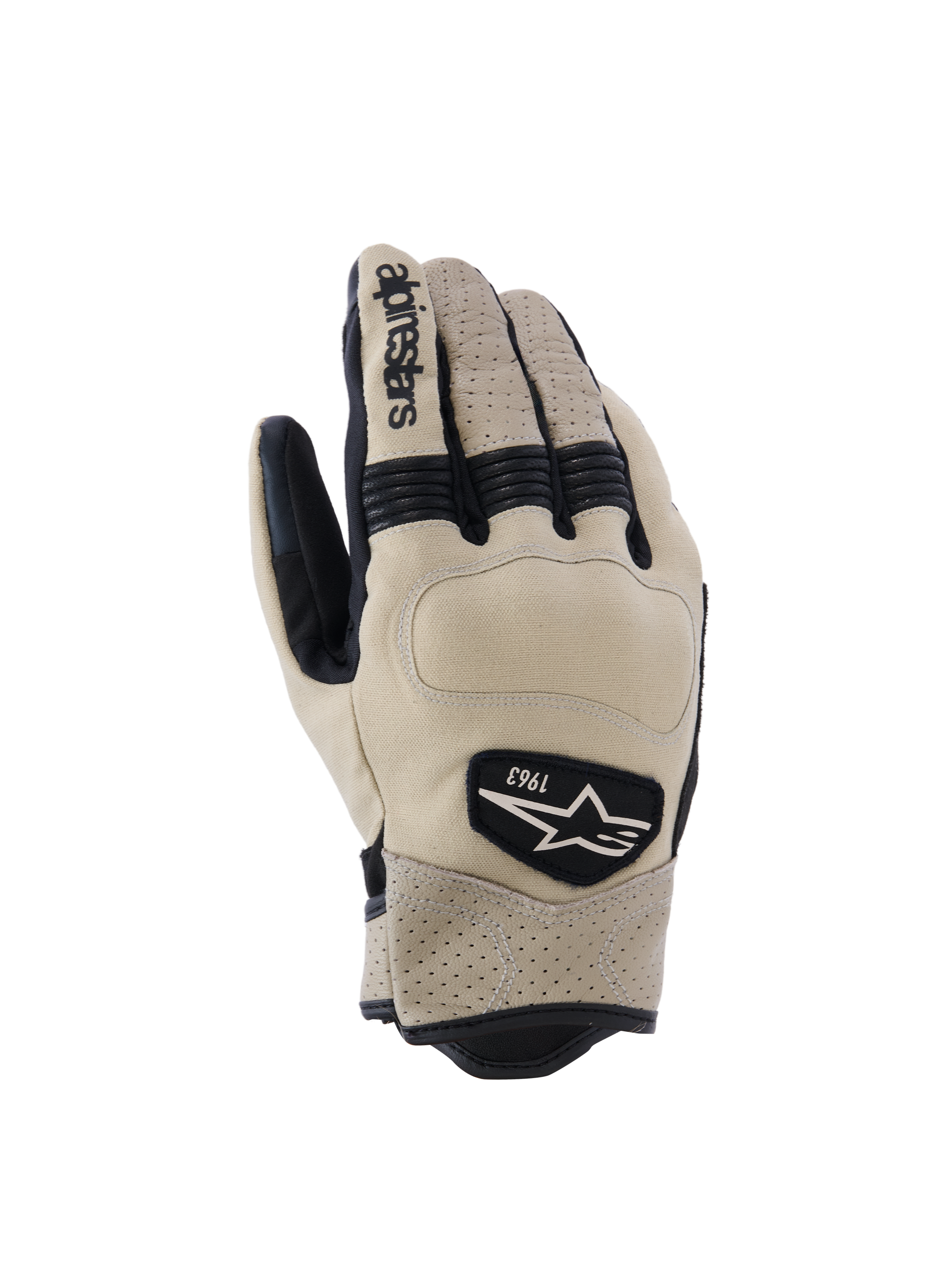 Alpinestars Tracker handschoenen, motorhandschoenen, beige en zwart, met geperforeerd leer, zwarte accordeon-stretchinzetstukken en 1963 heritage-logopatch, urban werkkledingstijl