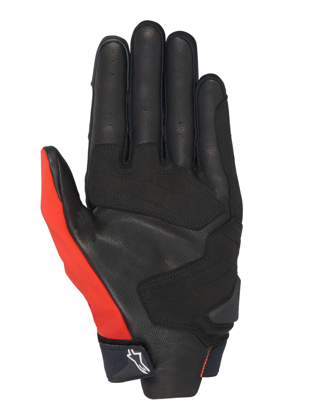 Alpinestars Honda SP X 3 handschoenen, motorhandschoenen, felrood, zwart en wit, palmweergave met geperforeerde lederen constructie en synthetische versterkingen, een felrood duimpaneel en een compacte manchet met Alpinestars-logo.