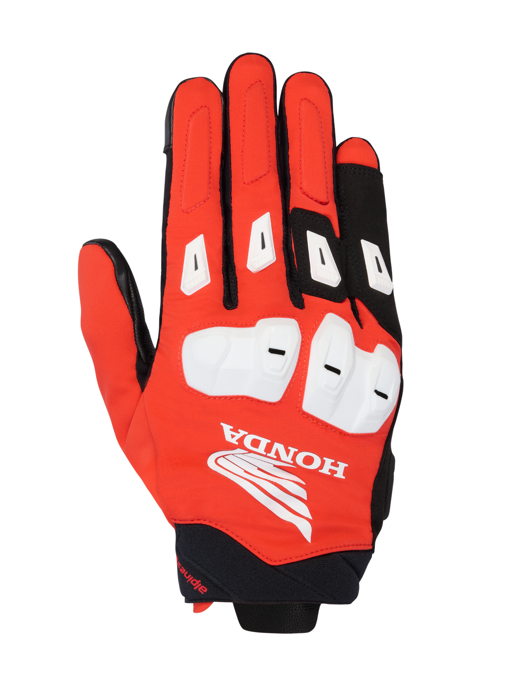 Alpinestars Honda SP X 3 handschoenen, sportieve motorhandschoenen, felrood, zwart en wit, met witte TPU-knokkelbeschermers en vinger-sliders, groot wit Honda Wing-logo op de bovenhand, ademend multi-materiaal ontwerp voor zomerse ritten op de weg
