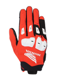 Alpinestars Honda SP X 3 handschoenen, sportieve motorhandschoenen, felrood, zwart en wit, met witte TPU-knokkelbeschermers en vinger-sliders, groot wit Honda Wing-logo op de bovenhand, ademend multi-materiaal ontwerp voor zomerse ritten op de weg