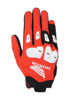 Alpinestars Honda SP X 3 handschoenen, sportieve motorhandschoenen, felrood, zwart en wit, met witte TPU-knokkelbeschermers en vinger-sliders, groot wit Honda Wing-logo op de bovenhand, ademend multi-materiaal ontwerp voor zomerse ritten op de weg