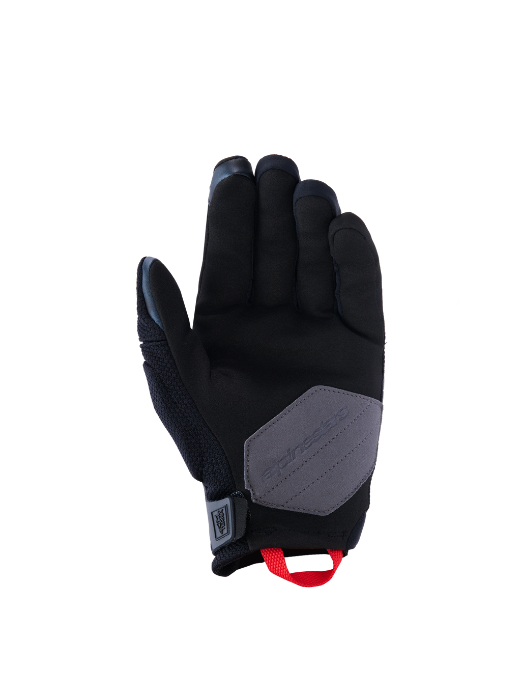 Alpinestars Durack handschoenen, motorhandschoenen, zwart, diepgrijs en felrood, palmweergave toont de constructie van synthetisch suède met een grijze verstevigingspatch en felrode aantreklus, avontuurlijke en dual-sport motoruitrusting
