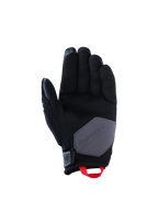 Alpinestars Durack handschoenen, motorhandschoenen, zwart, diepgrijs en felrood, palmweergave toont de constructie van synthetisch suède met een grijze verstevigingspatch en felrode aantreklus, avontuurlijke en dual-sport motoruitrusting