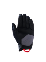 Alpinestars Durack handschoenen, motorhandschoenen, zwart, diepgrijs en felrood, palmweergave toont de constructie van synthetisch suède met een grijze verstevigingspatch en felrode aantreklus, avontuurlijke en dual-sport motoruitrusting