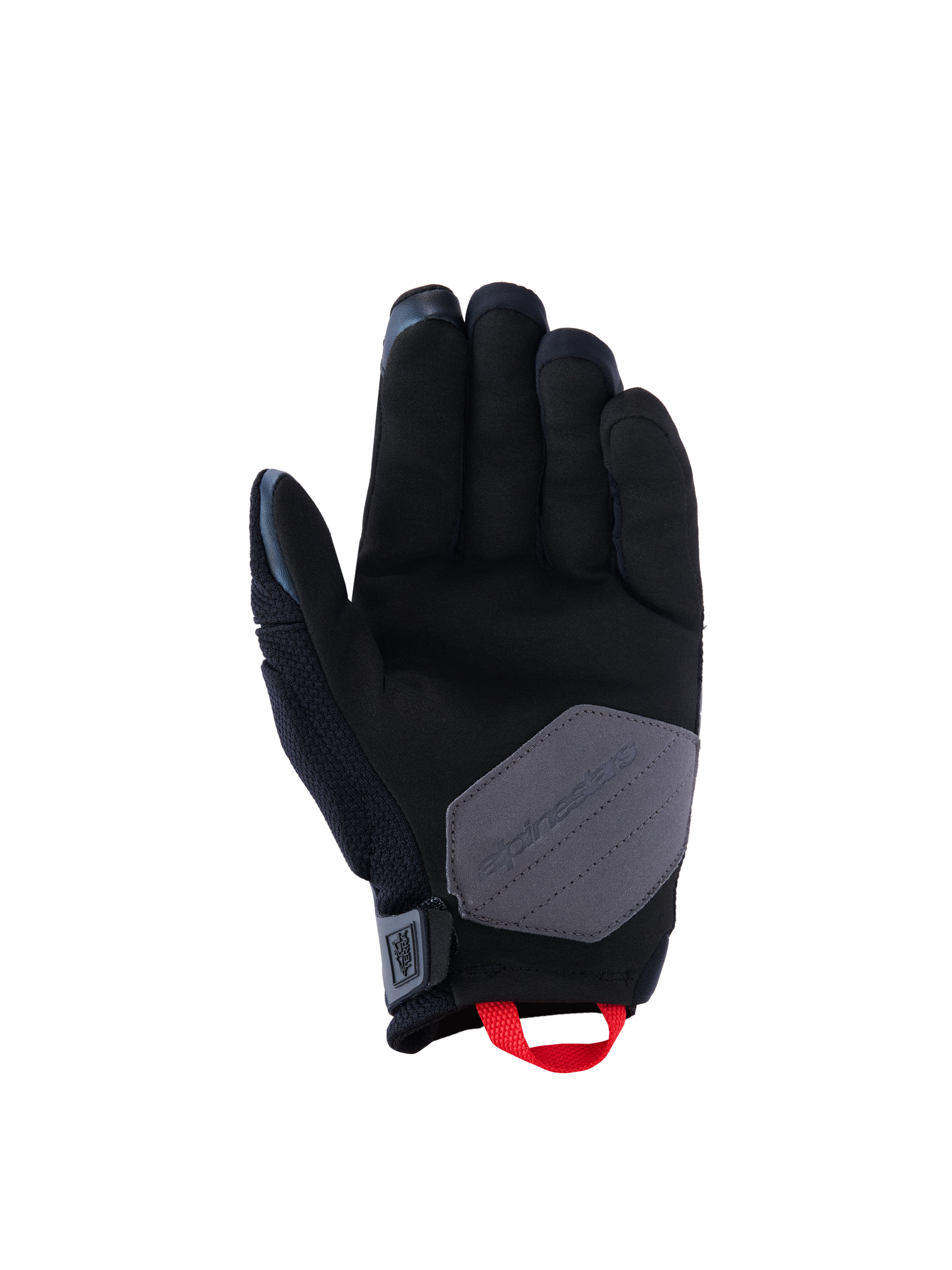 Alpinestars Durack handschoenen, motorhandschoenen, zwart, diepgrijs en felrood, palmweergave toont de constructie van synthetisch suède met een grijze verstevigingspatch en felrode aantreklus, avontuurlijke en dual-sport motoruitrusting