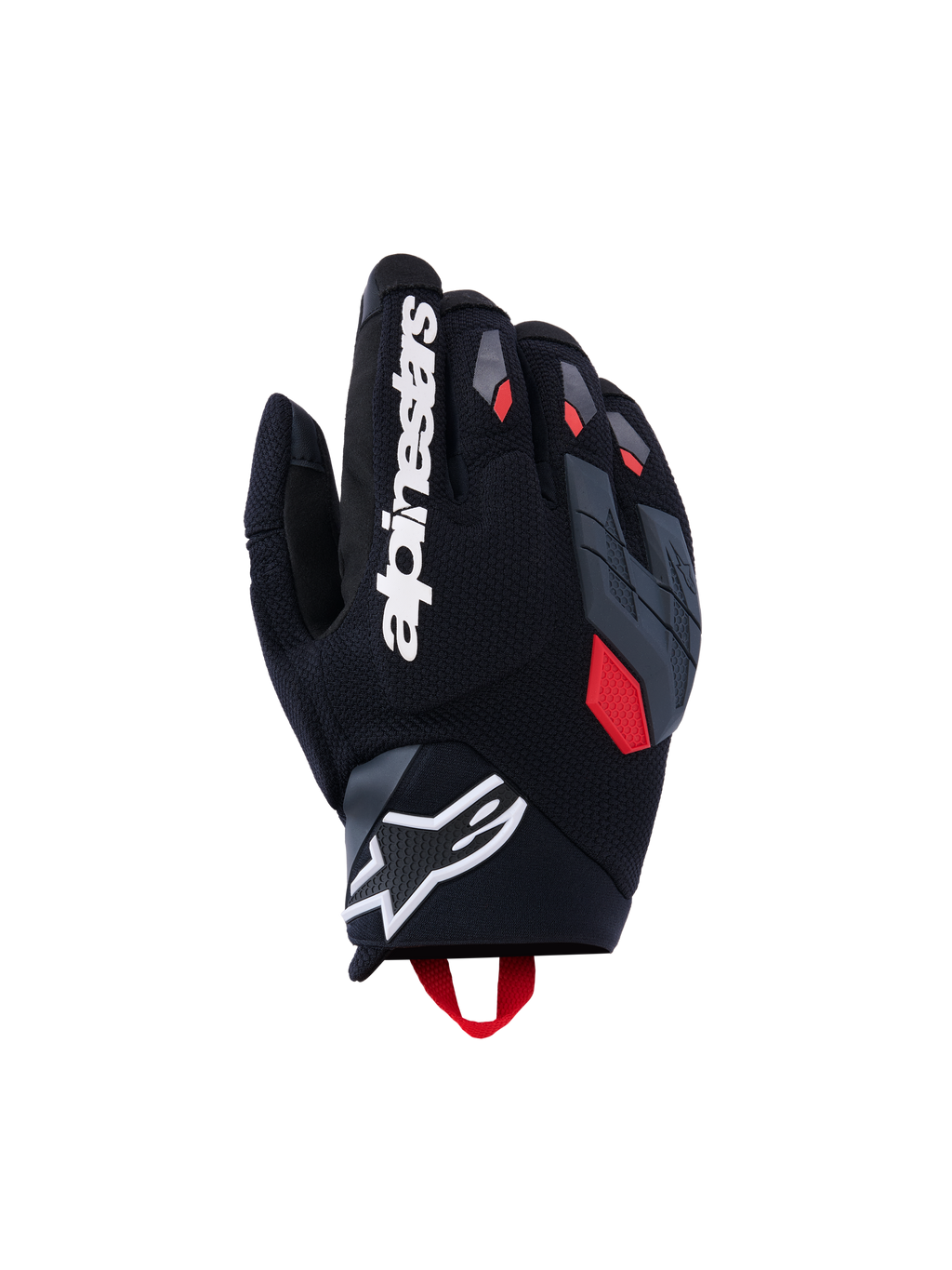 Alpinestars Durack handschoenen, motorhandschoenen, zwart met diepgrijze en felrode accenten, voorzien van een handrug van getextureerd textiel, gedeelde grijze knokkelbescherming, een groot wit Alpinestars-woordmerk op de wijsvinger en een wit sterlogo op de neopreen pols.