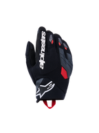 Alpinestars Durack handschoenen, motorhandschoenen, zwart met diepgrijze en felrode accenten, voorzien van een handrug van getextureerd textiel, gedeelde grijze knokkelbescherming, een groot wit Alpinestars-woordmerk op de wijsvinger en een wit sterlogo op de neopreen pols.