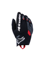 Alpinestars Durack handschoenen, motorhandschoenen, zwart met diepgrijze en felrode accenten, voorzien van een handrug van getextureerd textiel, gedeelde grijze knokkelbescherming, een groot wit Alpinestars-woordmerk op de wijsvinger en een wit sterlogo op de neopreen pols.
