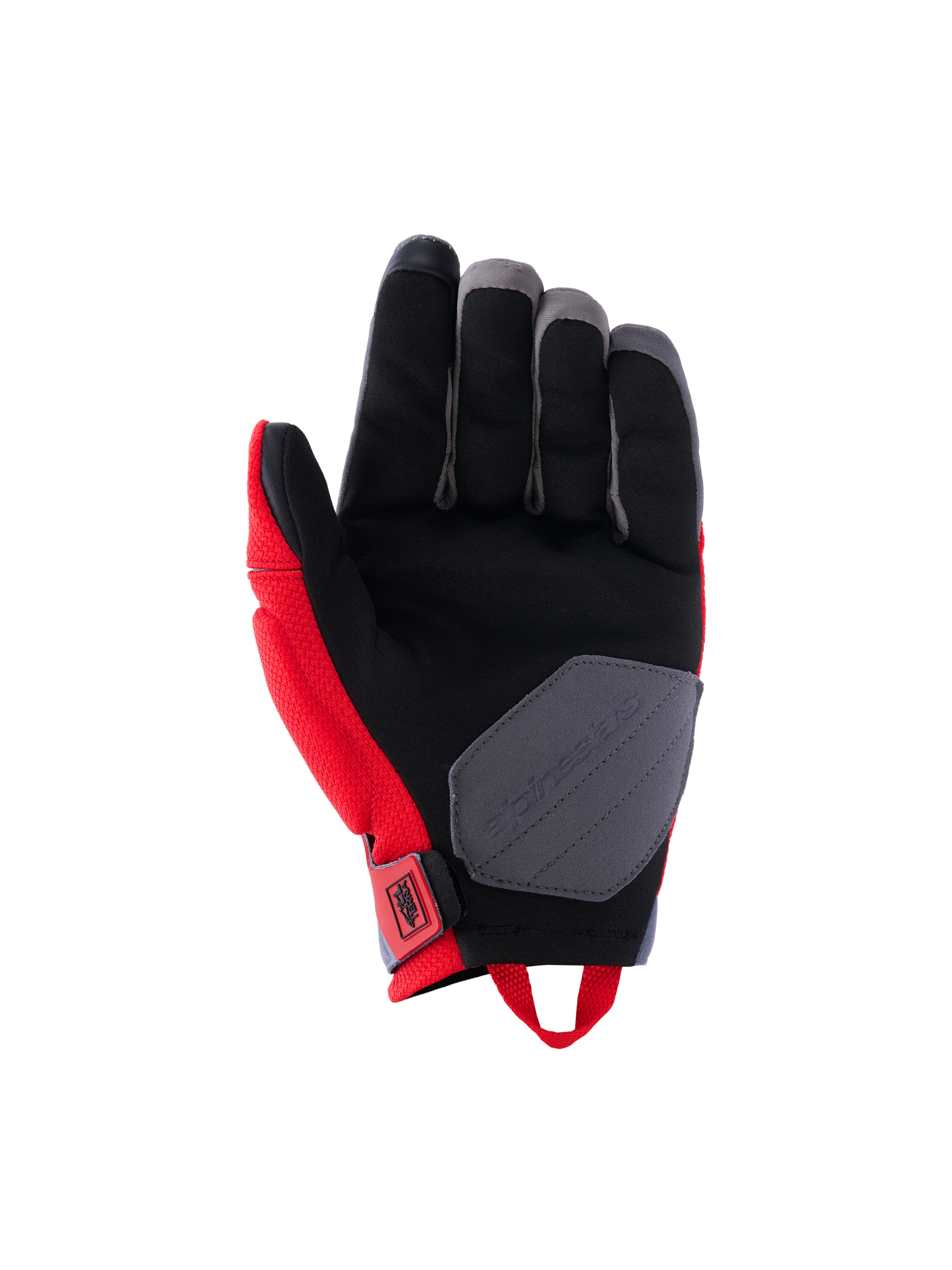 Alpinestars Durack handschoenen, motorhandschoenen, felrood en middengrijs, handpalmweergave met synthetisch suède constructie, zwarte handpalm met grijze verstevigingspatch, rode zijpanelen en treklus bij de pols