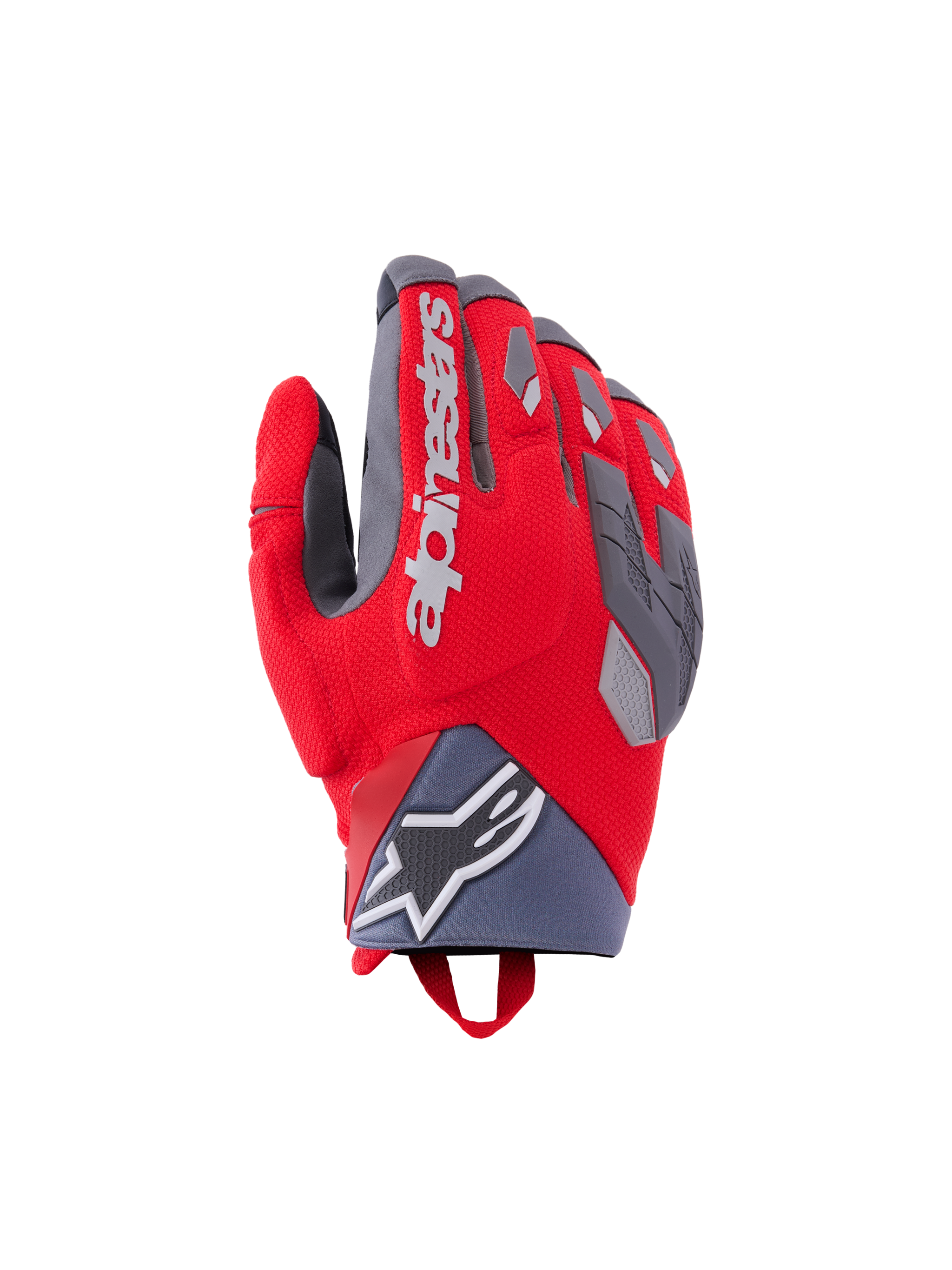 Alpinestars Durack handschoenen, motorhandschoenen, helderrood en middengrijs, voorzien van gedeelde knokkelbescherming met grijze TPR-accenten, wit Alpinestars-logo op de handrug, neopreen polsmanchet met ster-logo en een performance adventure-ontwerp