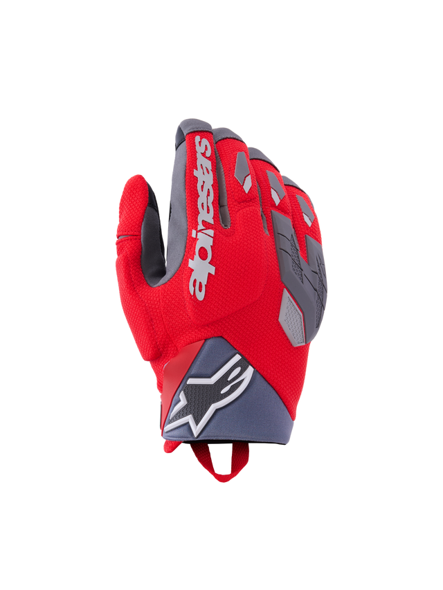 Alpinestars Durack handschoenen, motorhandschoenen, helderrood en middengrijs, voorzien van gedeelde knokkelbescherming met grijze TPR-accenten, wit Alpinestars-logo op de handrug, neopreen polsmanchet met ster-logo en een performance adventure-ontwerp