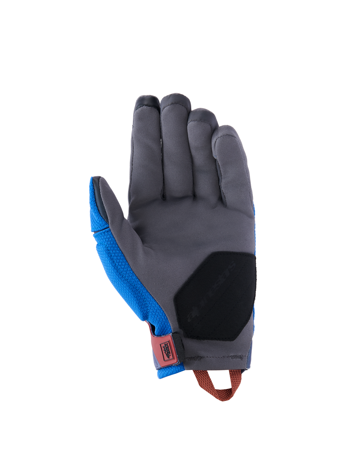 Alpinestars Durack handschoenen, adventure motorhandschoenen, Royal Blue en Deep Gray, handpalmaanzicht met grijze synthetische suède constructie, zwarte verstevigingsvulling op de hiel, rode polslip en oranje aantreklus.