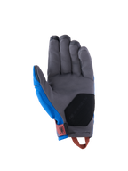 Alpinestars Durack handschoenen, adventure motorhandschoenen, Royal Blue en Deep Gray, handpalmaanzicht met grijze synthetische suède constructie, zwarte verstevigingsvulling op de hiel, rode polslip en oranje aantreklus.