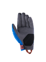 Alpinestars Durack Gloves, Adventure Motorcycle Gloves, Royal Blue and Deep Gray, palm view featuring gray synthetic suede construction, black reinforcement padding on the heel, red wrist tab, and orange pull loop.