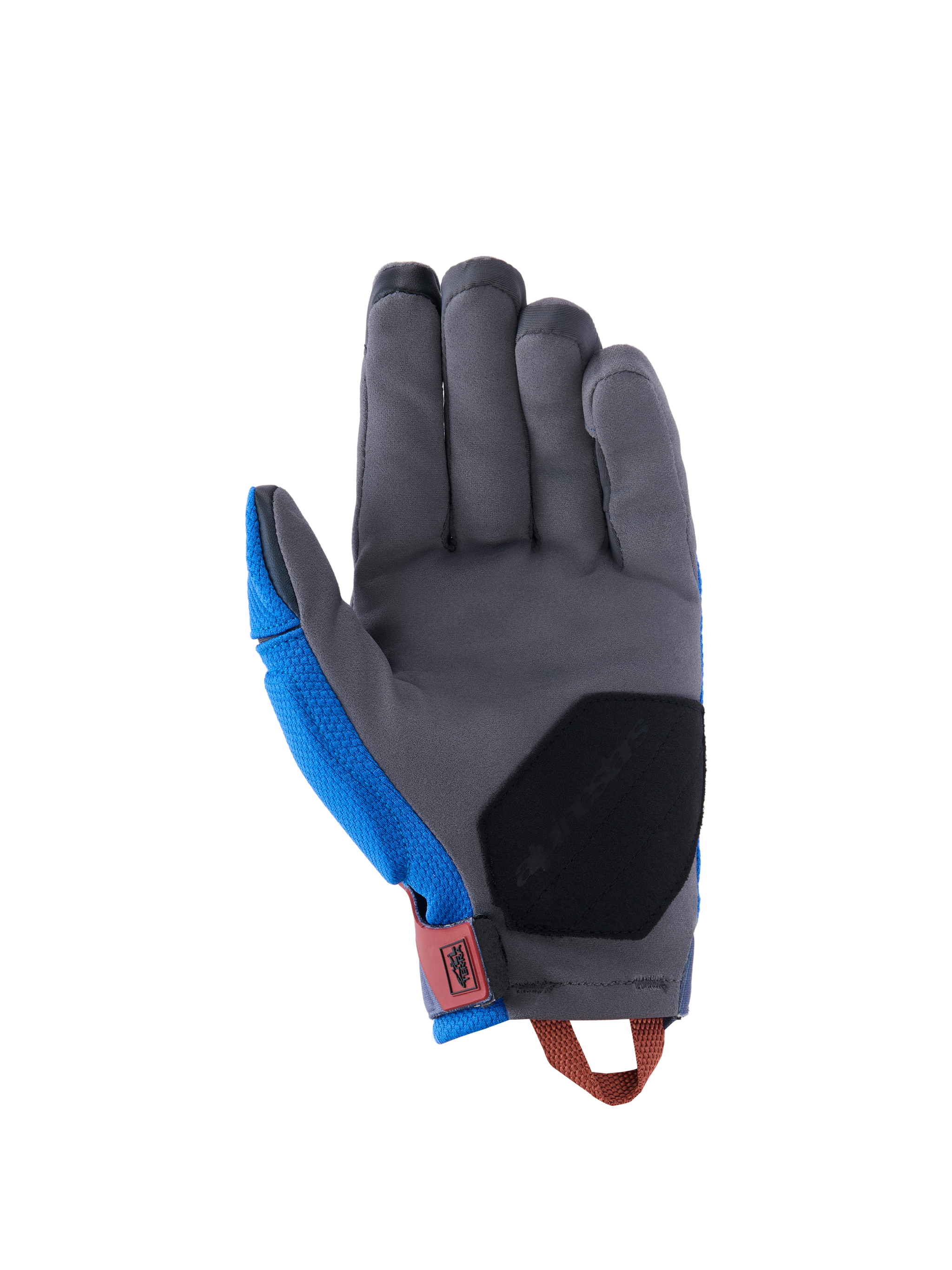 Alpinestars Durack Gloves, Adventure Motorcycle Gloves, Royal Blue and Deep Gray, palm view featuring gray synthetic suede construction, black reinforcement padding on the heel, red wrist tab, and orange pull loop.