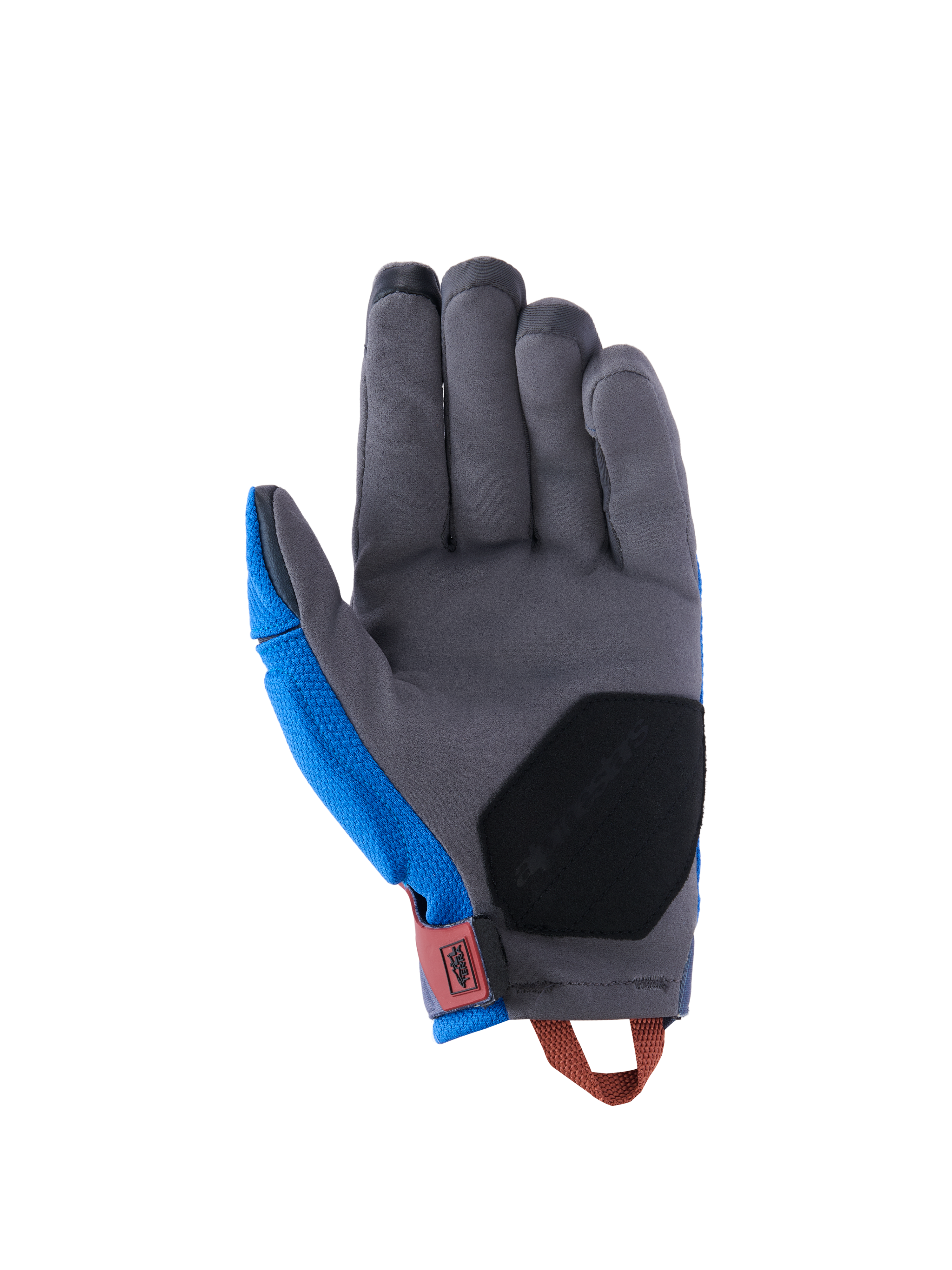 Alpinestars Durack handschoenen, adventure motorhandschoenen, Royal Blue en Deep Gray, handpalmaanzicht met grijze synthetische suède constructie, zwarte verstevigingsvulling op de hiel, rode polslip en oranje aantreklus.
