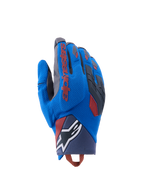 Alpinestars Durack handschoenen, adventure motorhandschoenen, koningsblauw en diepgrijs, textielen handrug met TPR-knokkelbescherming, rood Alpinestars-logo op de wijsvinger, wit ster-logo op de pols, lichtgewicht zomerse dual sport-bescherming