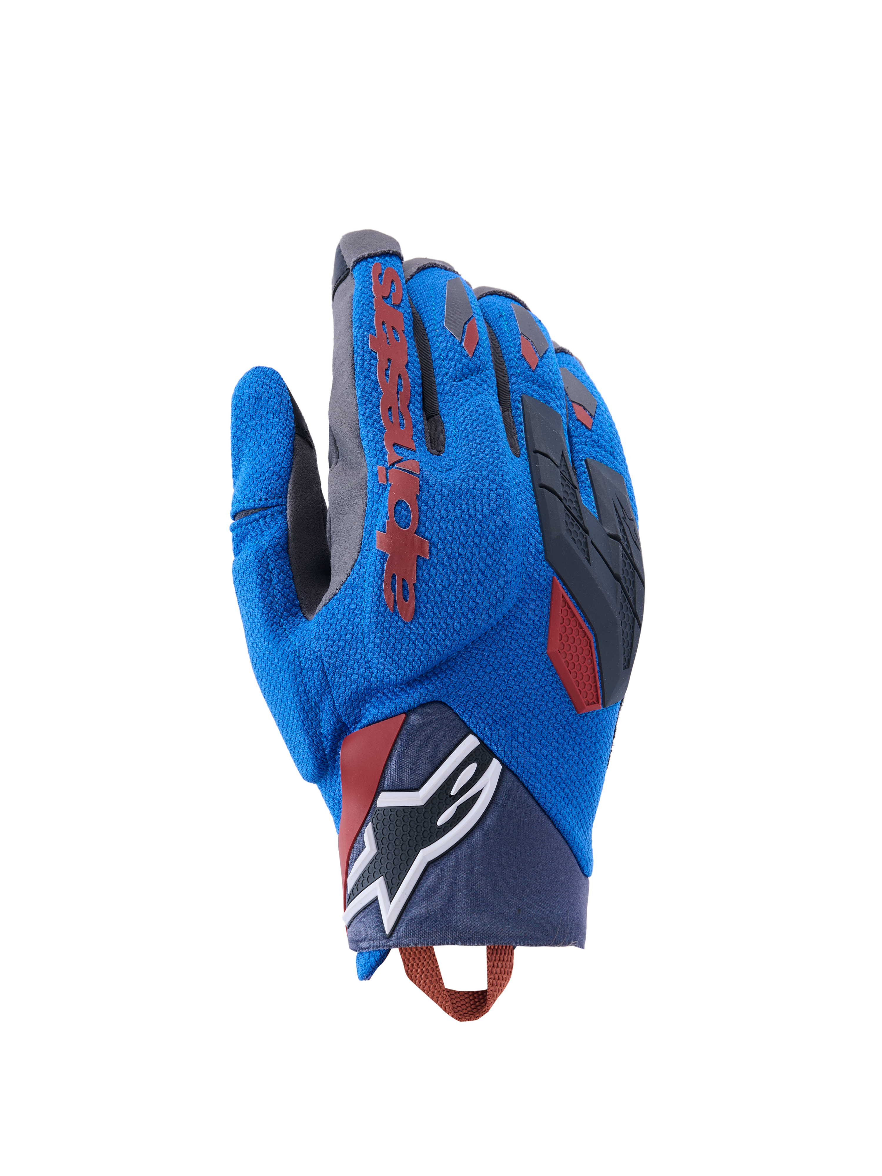 Alpinestars Durack handschoenen, adventure motorhandschoenen, koningsblauw en diepgrijs, textielen handrug met TPR-knokkelbescherming, rood Alpinestars-logo op de wijsvinger, wit ster-logo op de pols, lichtgewicht zomerse dual sport-bescherming