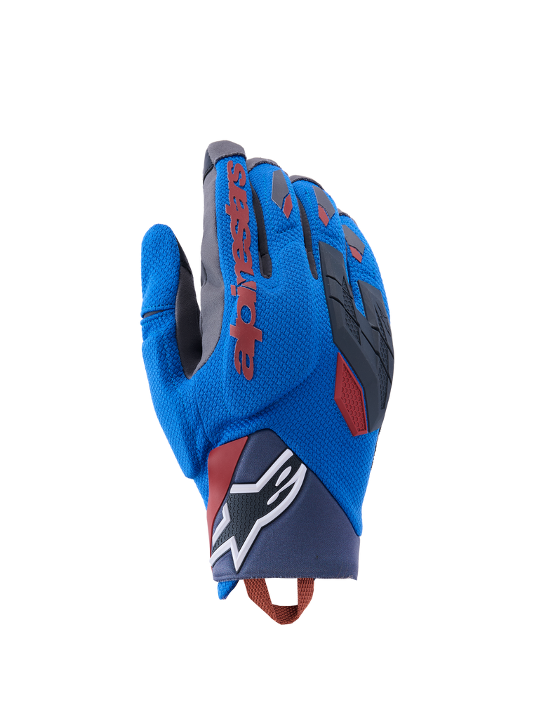 Alpinestars Durack handschoenen, MTB-handschoenen, blauw met rood en zwart, getextureerd oppervlak met grijze details, logo op pols, rubberen patches op vingers, polsband voor verstelling