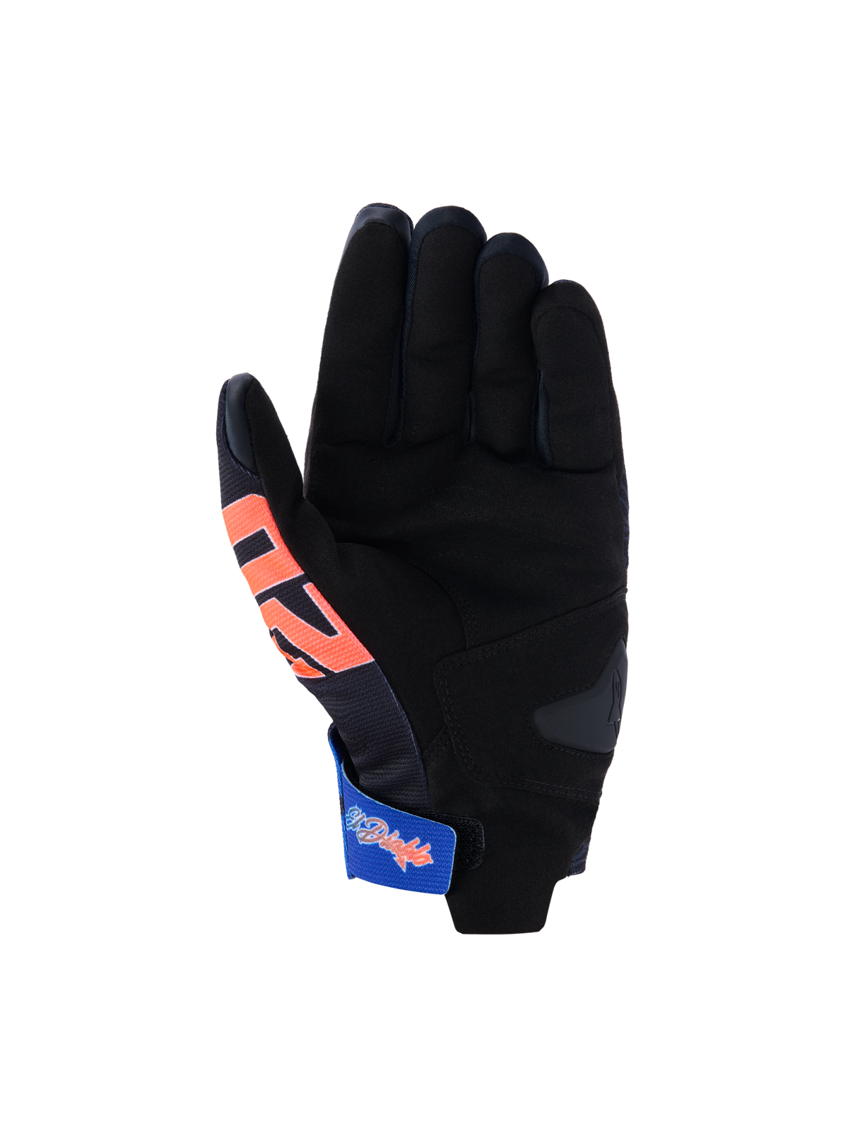 Alpinestars FQ20 Reef V2 Monster handschoenen, motorhandschoenen, zwart met rode en blauwe accenten, handpalmweergave met synthetisch suède, gewatteerde versteviging en een blauwe verstelbare polsband met graphics, kort manchet race- en sportontwerp