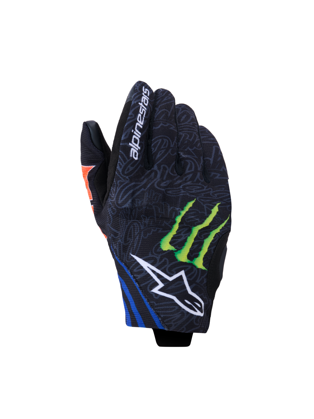 Alpinestars FQ20 Reef V2 Monster handschoenen, motorhandschoenen, zwart met fluo rood, blauwe en groene accenten, voorzien van Monster Energy claw-logo en wit Alpinestars ster-logo, kort manchetontwerp met grijs textiel met patroon