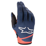 Alpinestars Radar Gloves, Motocross Gloves, Dark Blue and Red Fluo, featuring a navy blue mesh backhand with a large white Alpinestars star logo, bright red accents, black reinforced thumb area, designed for lightweight off-road performance