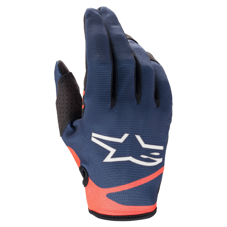 Alpinestars Radar Gloves, Motocross Gloves, Dark Blue and Red Fluo, featuring a navy blue mesh backhand with a large white Alpinestars star logo, bright red accents, black reinforced thumb area, designed for lightweight off-road performance