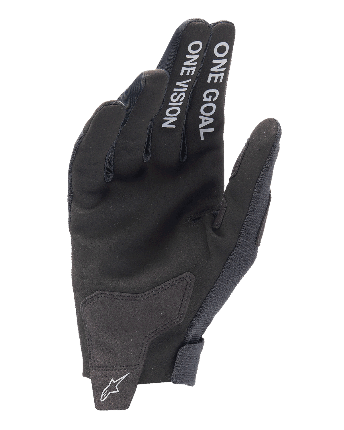 Alpinestars 2025 Radar handschoenen, motorcross handschoenen, zwart, binnenzijde van de hand met witte tekst 'ONE GOAL' en 'ONE VISION' op de vingers, synthetische suède handpalm, wit sterlogo op de naadloze polssluiting, minimalistisch off-road ontwerp