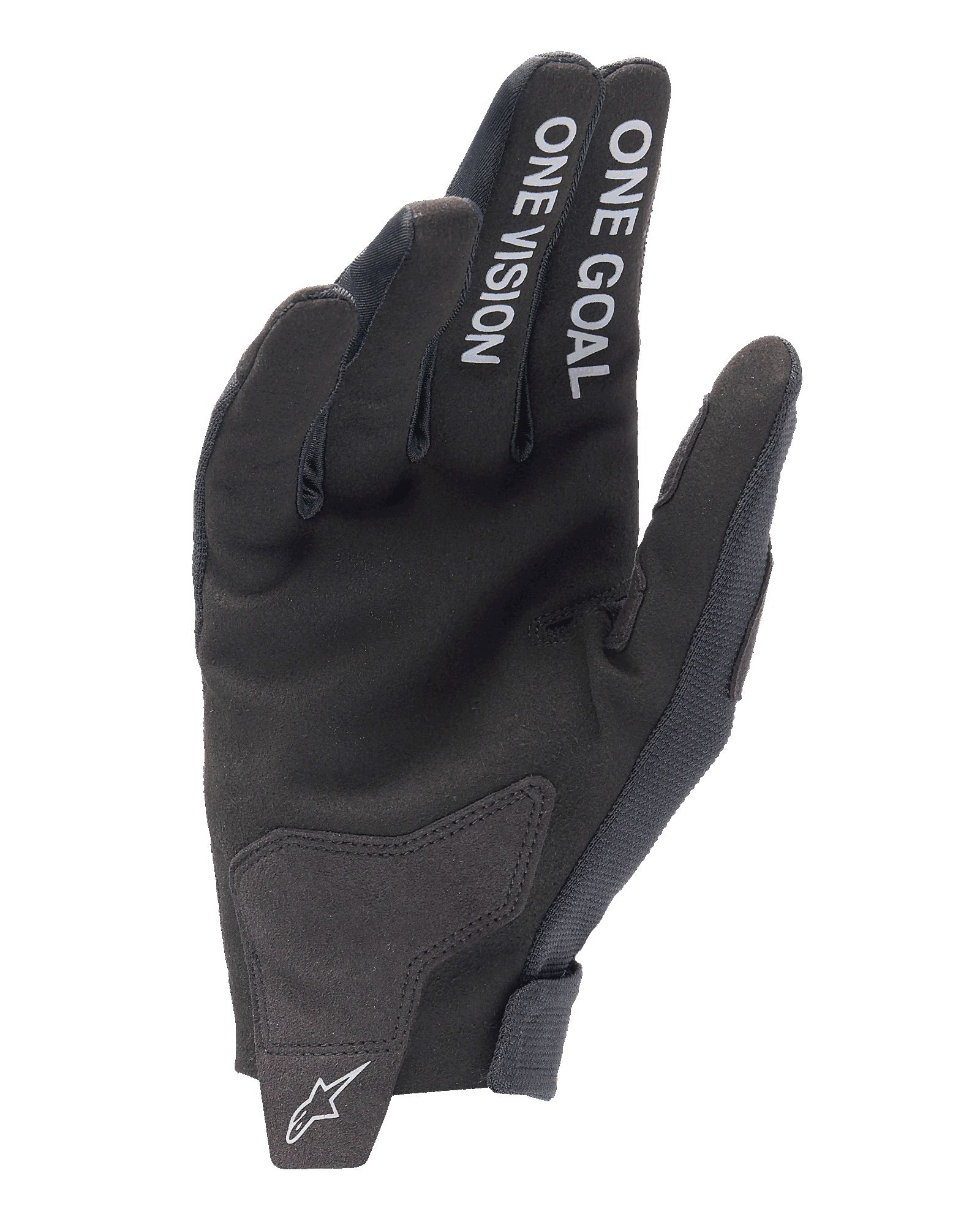 Alpinestars 2025 Radar handschoenen, motorcross handschoenen, zwart, binnenzijde van de hand met witte tekst 'ONE GOAL' en 'ONE VISION' op de vingers, synthetische suède handpalm, wit sterlogo op de naadloze polssluiting, minimalistisch off-road ontwerp