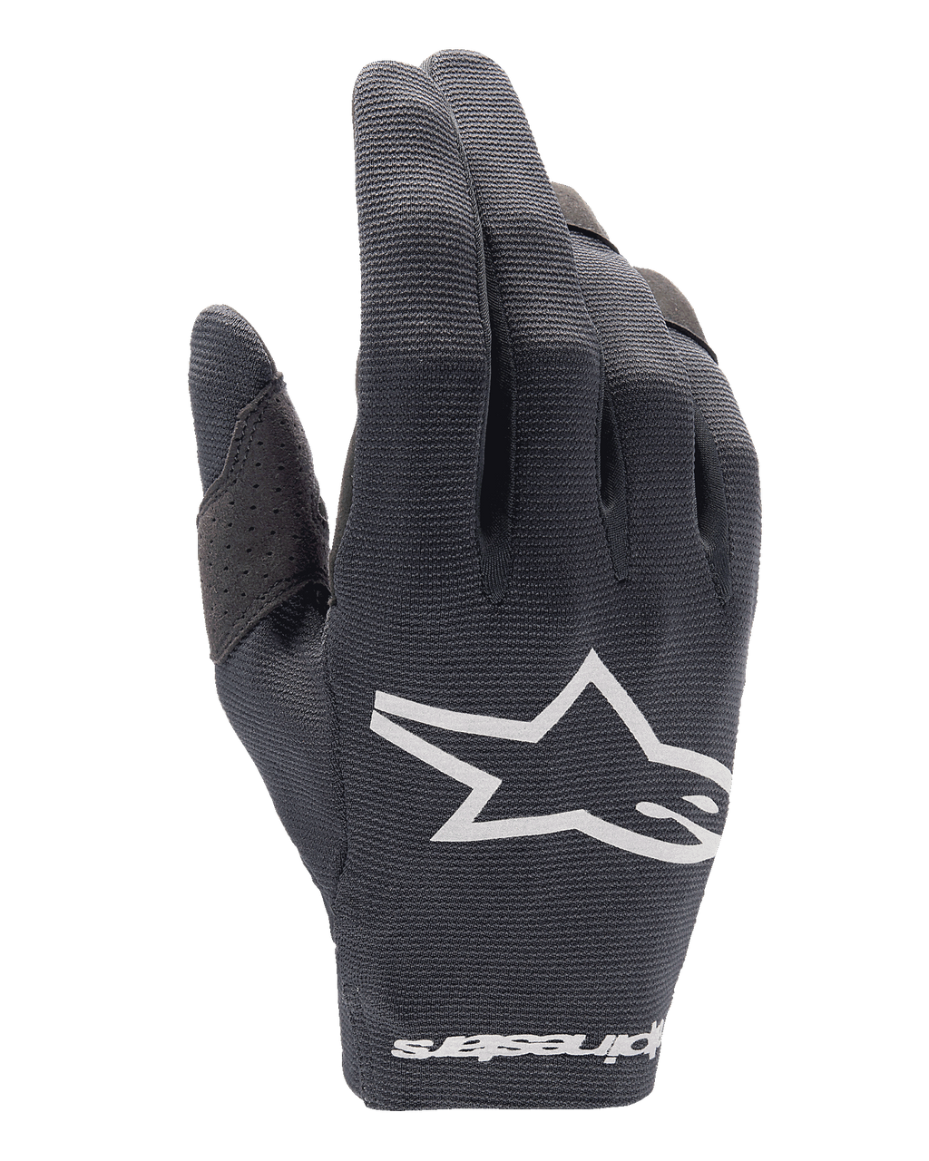Alpinestars 2025 Radar handschoenen, motorcross handschoenen, zwart, wit Alpinestars-logo op de handrug en woordmerk bij de pols, ademend mesh-materiaal met geperforeerde duimversterking, lichtgewicht uitrusting voor off-road racing