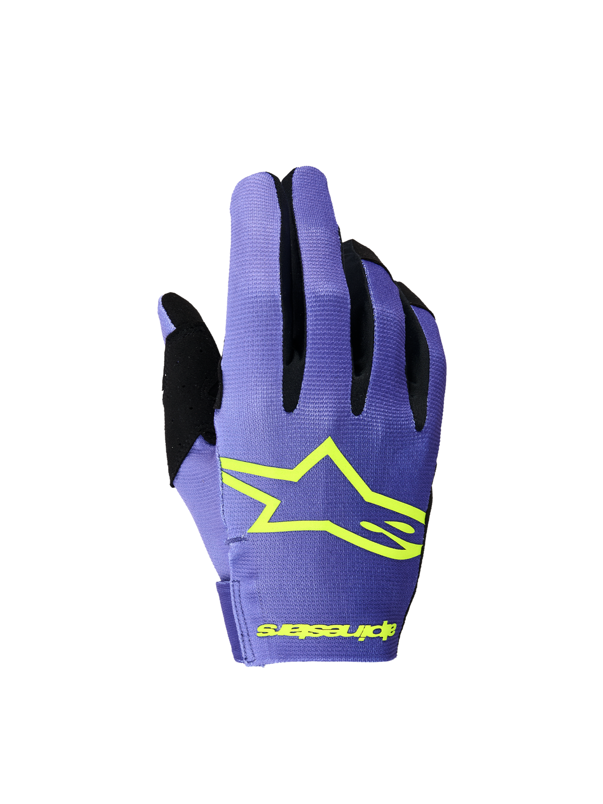 Alpinestars Radar handschoenen 2026, paarse en geel fluo motocrosshandschoenen met lichtgewicht stretchconstructie.