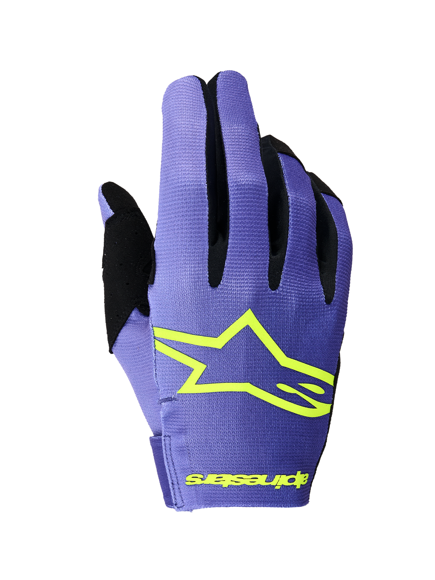 Alpinestars 2026 Radar handschoenen, motorcrosshandschoenen, paars en fluogeel, bovenaanzicht met een opvallend geel Alpinestars sterlogo, zwarte vingerinzetten, lichtgewicht stretch textielconstructie voor off-road racen