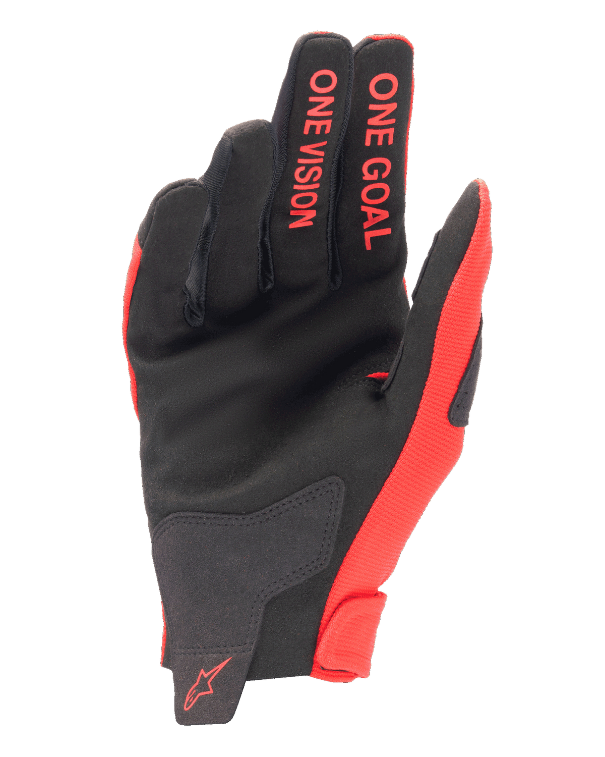 Alpinestars 2025 Radar handschoenen, motorcross handschoenen, Mars rood en zwart, zicht op de handpalmzijde met synthetisch suède, rode 'ONE GOAL' en 'ONE VISION' belettering op de vingers, rood logo op de pols, prestatiegerichte off-road uitrusting