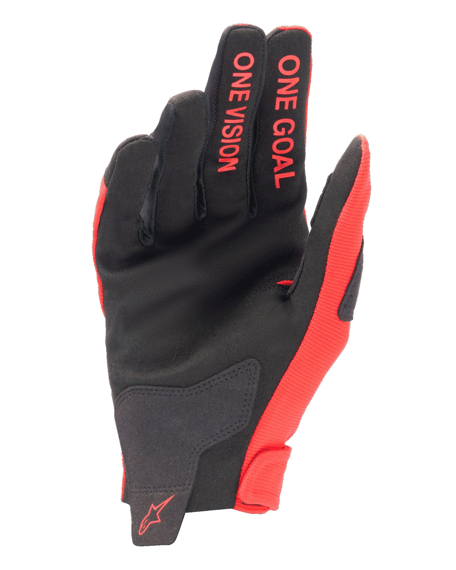Alpinestars 2025 Radar handschoenen, motorcross handschoenen, Mars rood en zwart, zicht op de handpalmzijde met synthetisch suède, rode 'ONE GOAL' en 'ONE VISION' belettering op de vingers, rood logo op de pols, prestatiegerichte off-road uitrusting