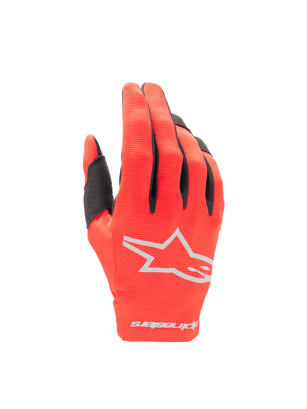 Alpinestars Radar handschoenen 2025, motocross motorhandschoenen, Mars rood en zilver, lichtgewicht stretch-textiel met sterlogo.