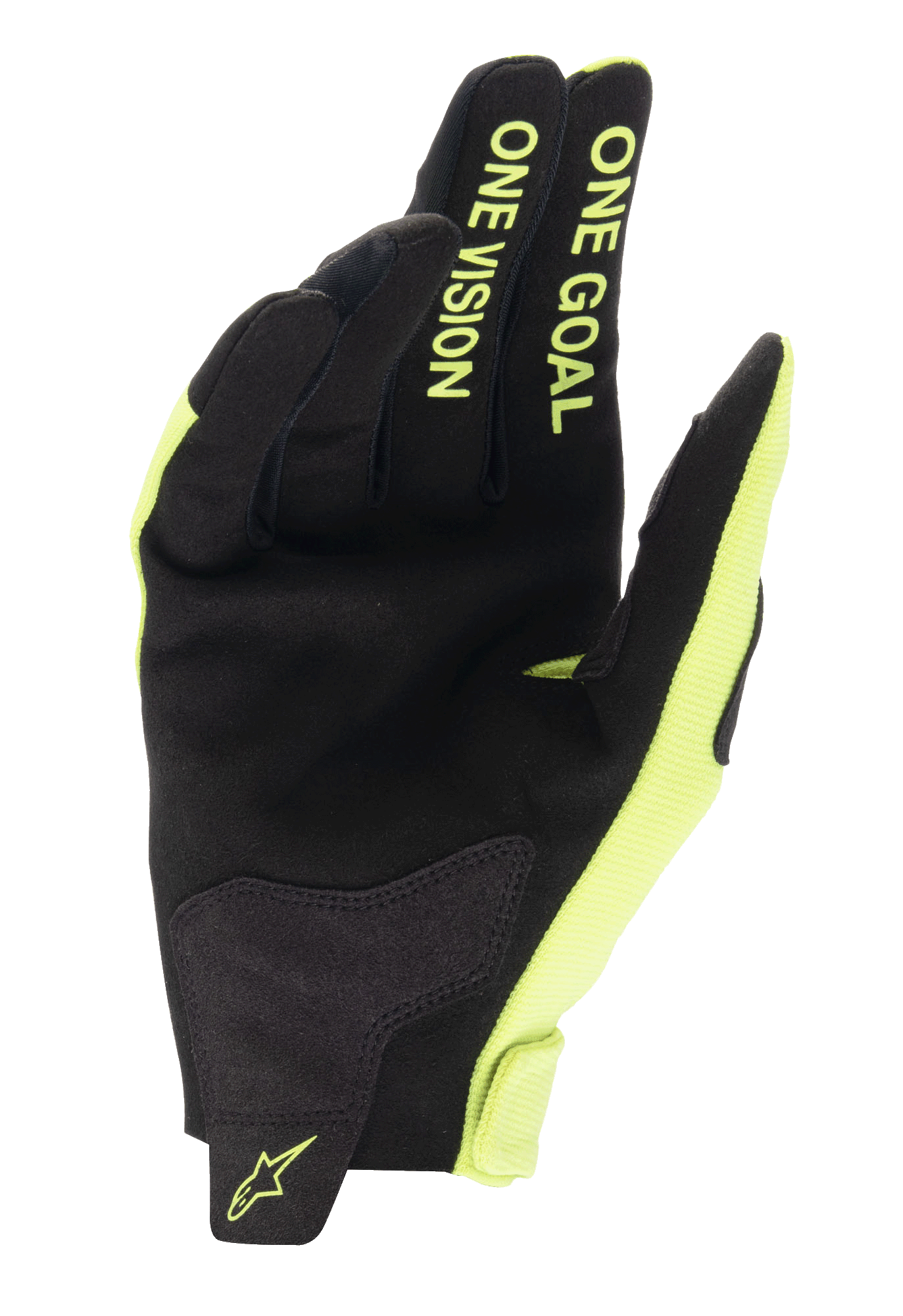 Alpinestars 2025 Radar Motocross Gloves, Yellow Fluo and Black, synthetic suede palm with One Goal One Vision finger text.