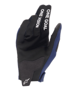 Alpinestars 2025 Radar Gloves, Motocross Gloves, Night Navy and White, palm view featuring synthetic suede reinforcements and 'ONE GOAL ONE VISION' white text on the fingers, white Alpinestars logo on the closure tab
